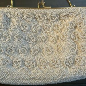 Vintage White Floral Clutch with Gold Accents from 1940’s era